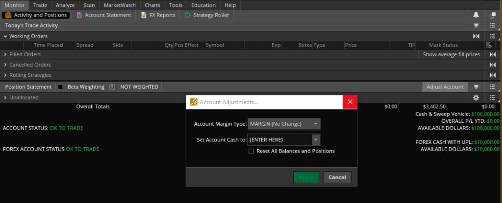 How to adjust account size in ThinkOrSwim paper money